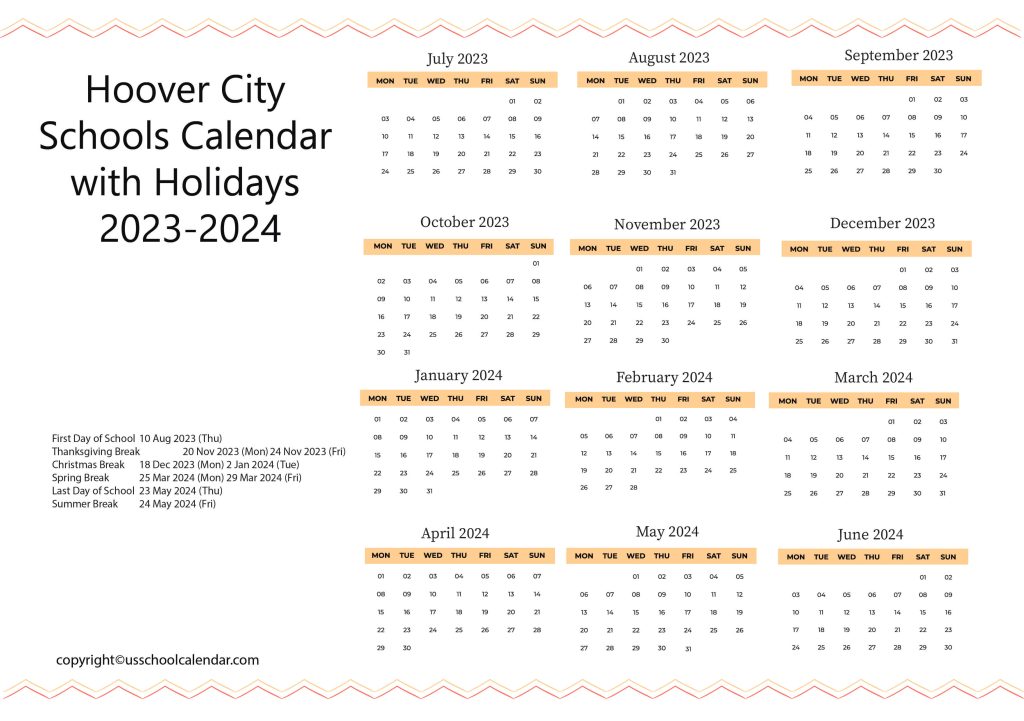 Hoover City School District Holiday Schedule