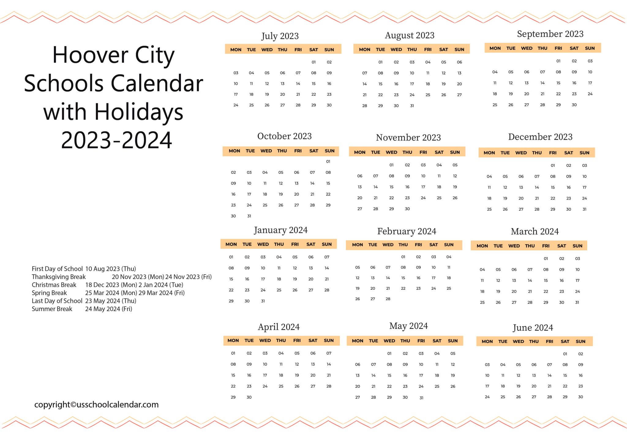 Hoover City Schools Calendar with Holidays 20232024