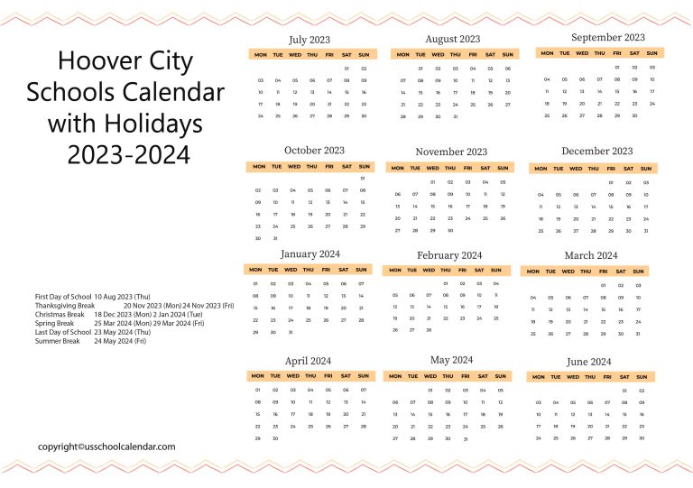 Hoover City Schools Calendar with Holidays 20232024