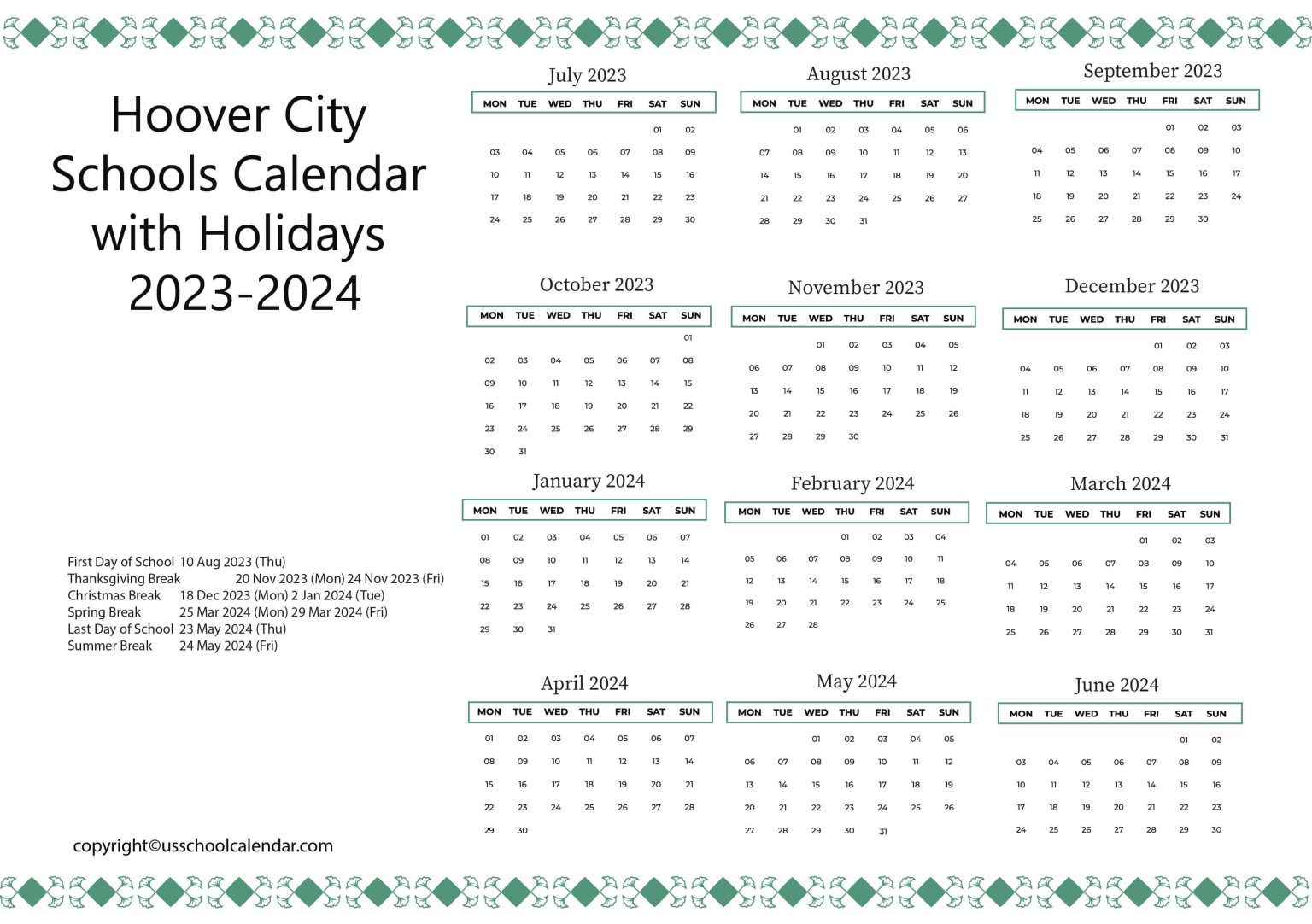 Hoover City Schools Calendar with Holidays 20232024