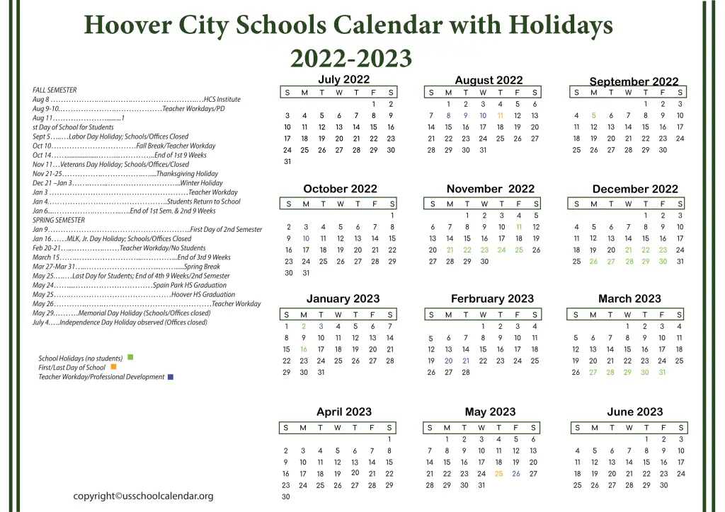 Hoover City Schools Calendar with Holidays 2022-2023 2