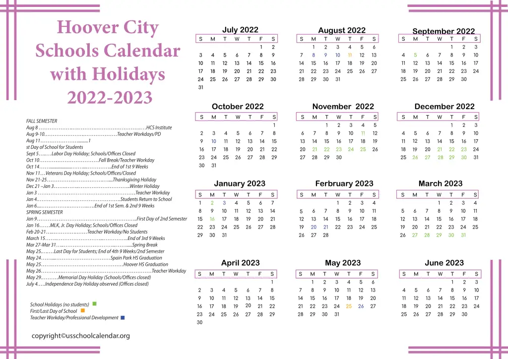 Hoover City Schools Calendar with Holidays 2022-2023 3