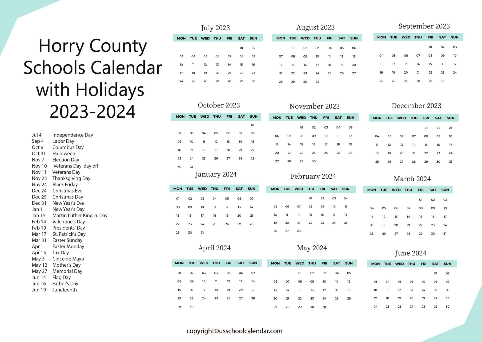 Horry County Schools Calendar with Holidays 20232024