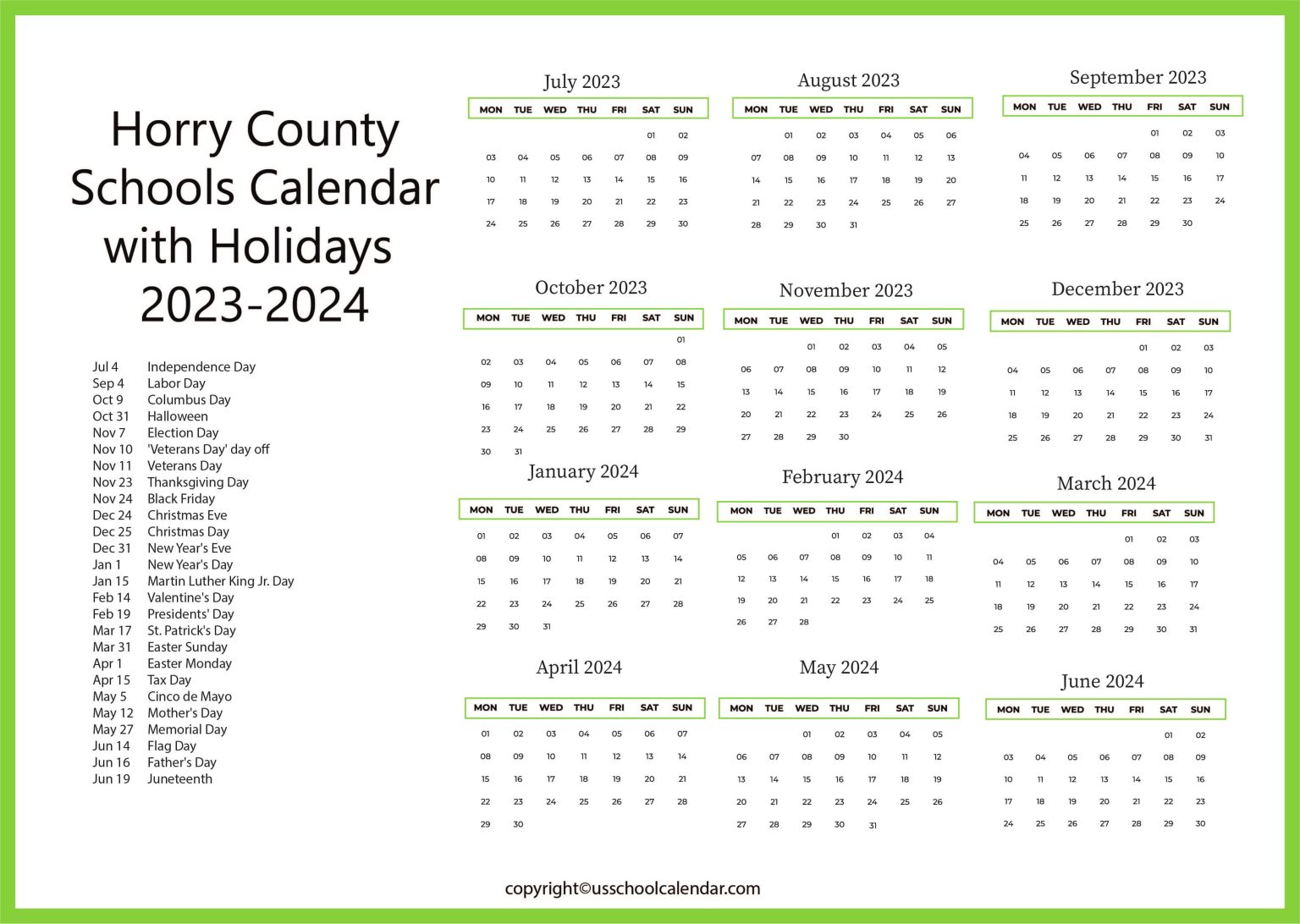Horry County Schools Calendar with Holidays 20232024