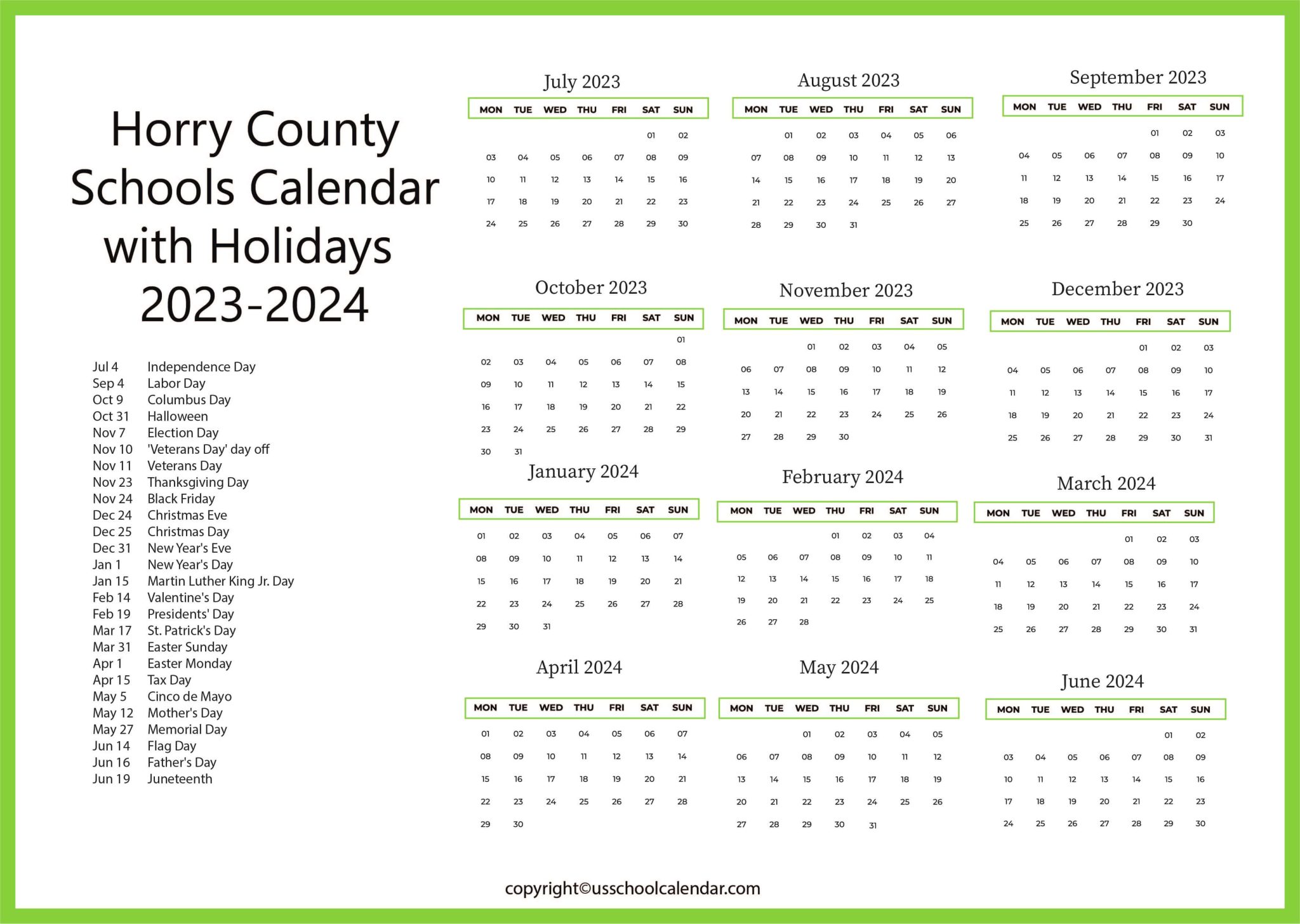 Horry County Schools Calendar with Holidays 2023-2024