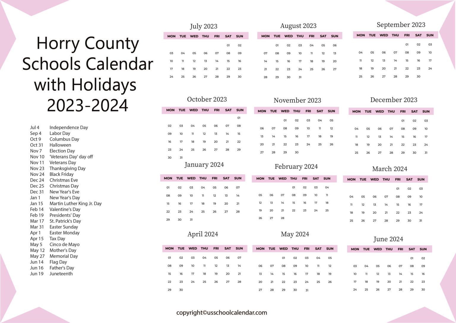 Horry County Schools Calendar with Holidays 20232024