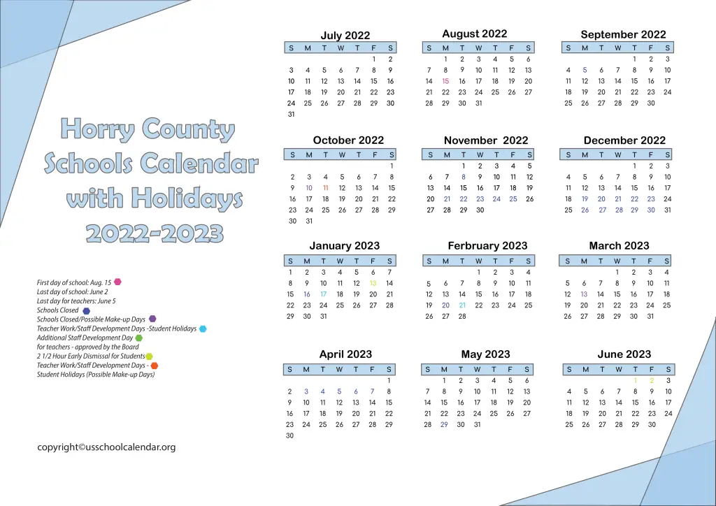 Horry County Schools Calendar with Holidays 2022-2023