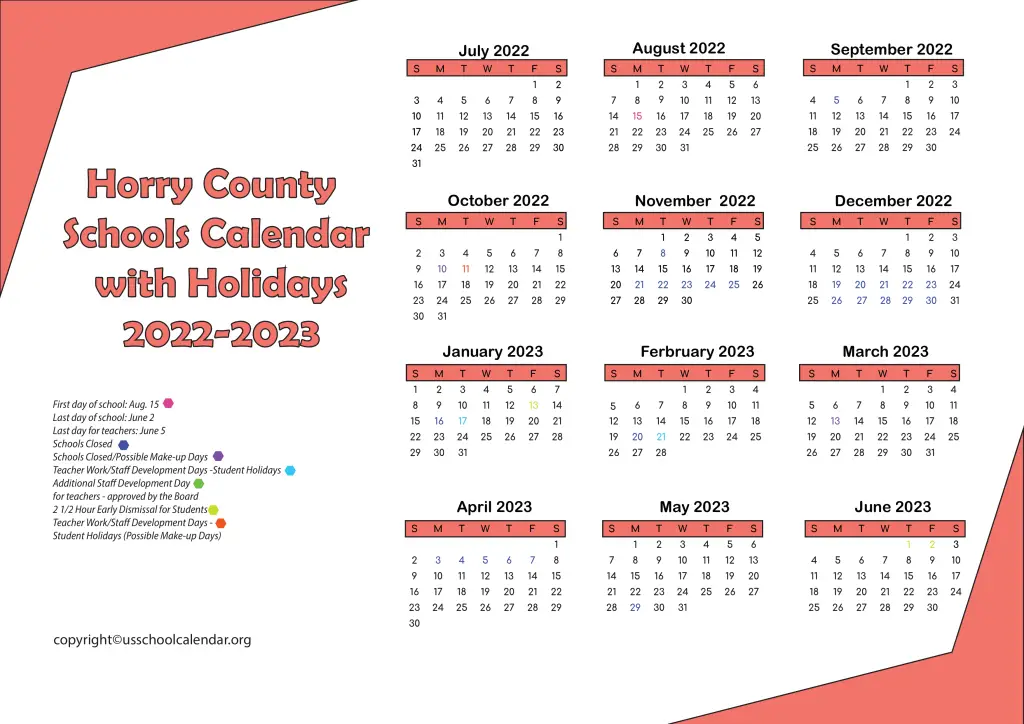 Horry County Schools Calendar with Holidays 2022-2023 2