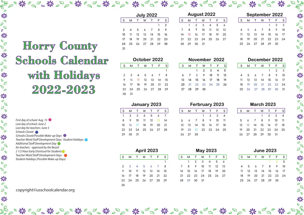 Horry County Schools Calendar with Holidays 2022-2023 3