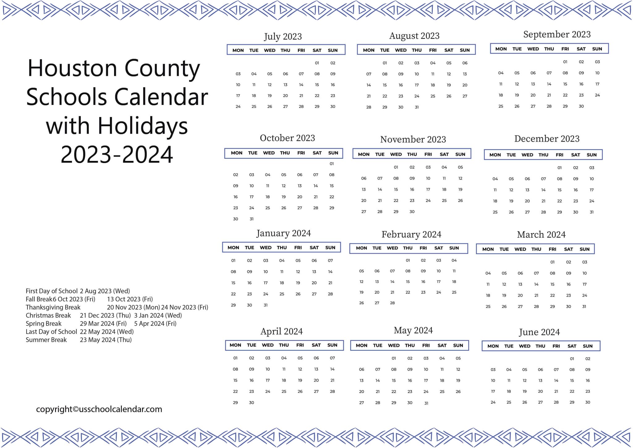 Houston County Schools Calendar with Holidays 20232024