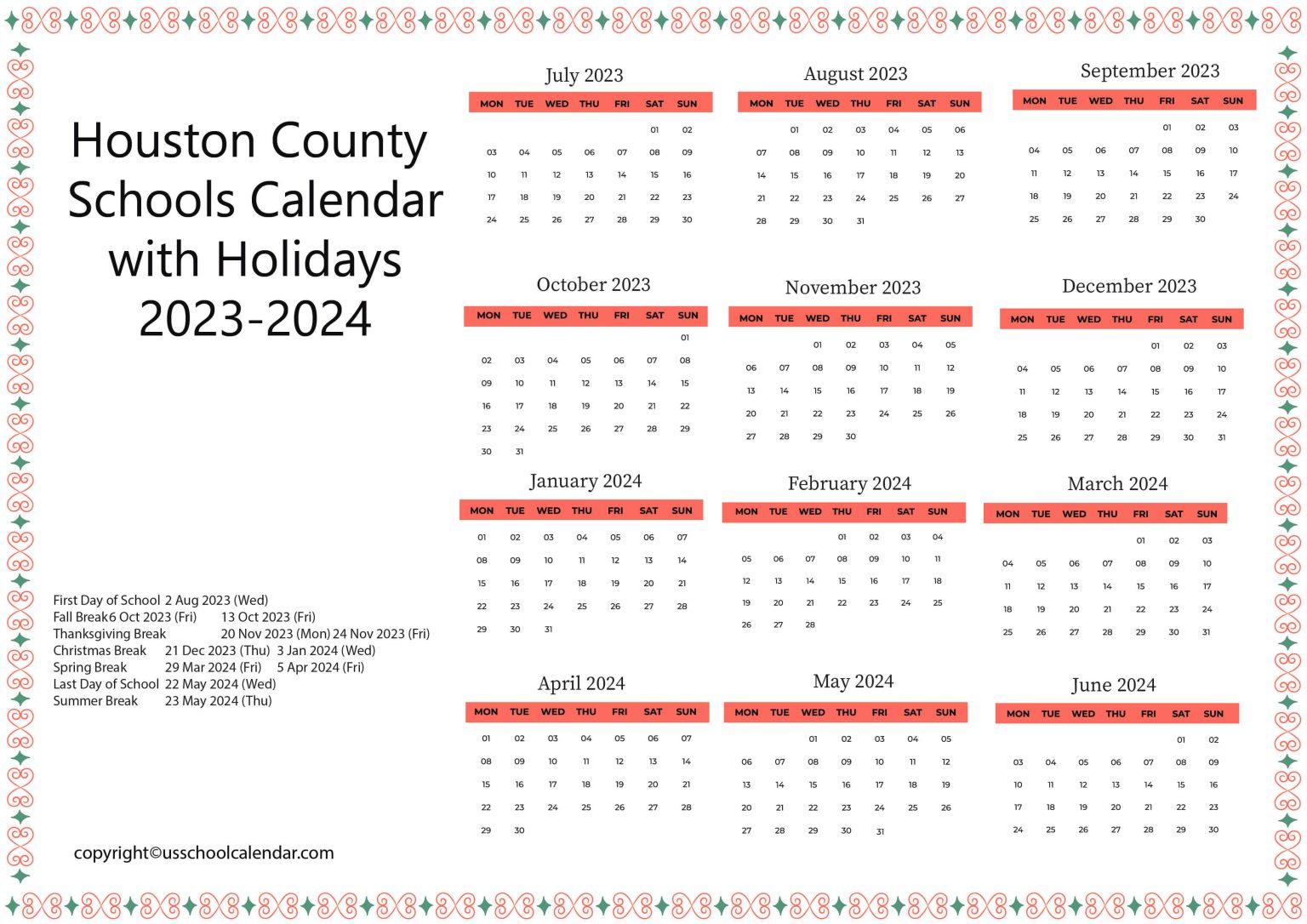 Houston County Schools Calendar with Holidays 20232024