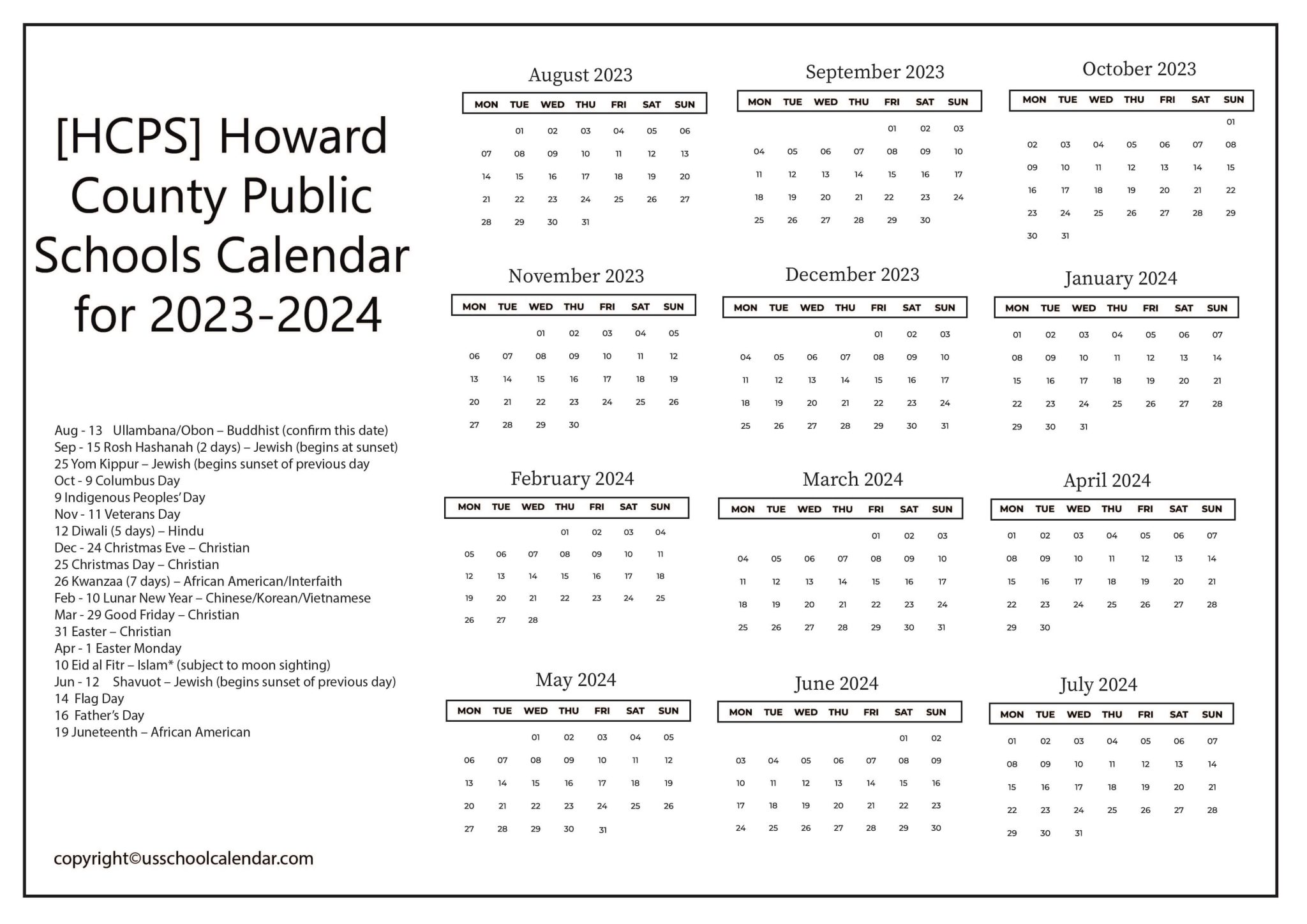 [HCPS] Howard County Public Schools Calendar for 20232024