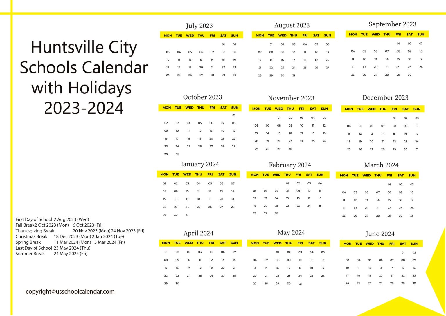 Huntsville City Schools Calendar with Holidays 20232024