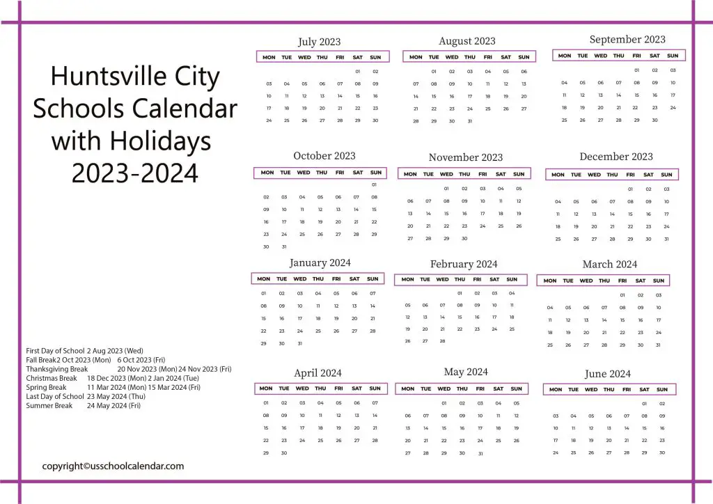 Huntsville City School District Calendar