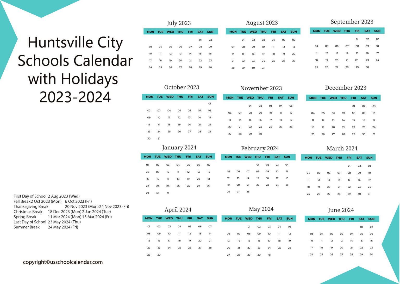 Huntsville City Schools Calendar with Holidays 20232024
