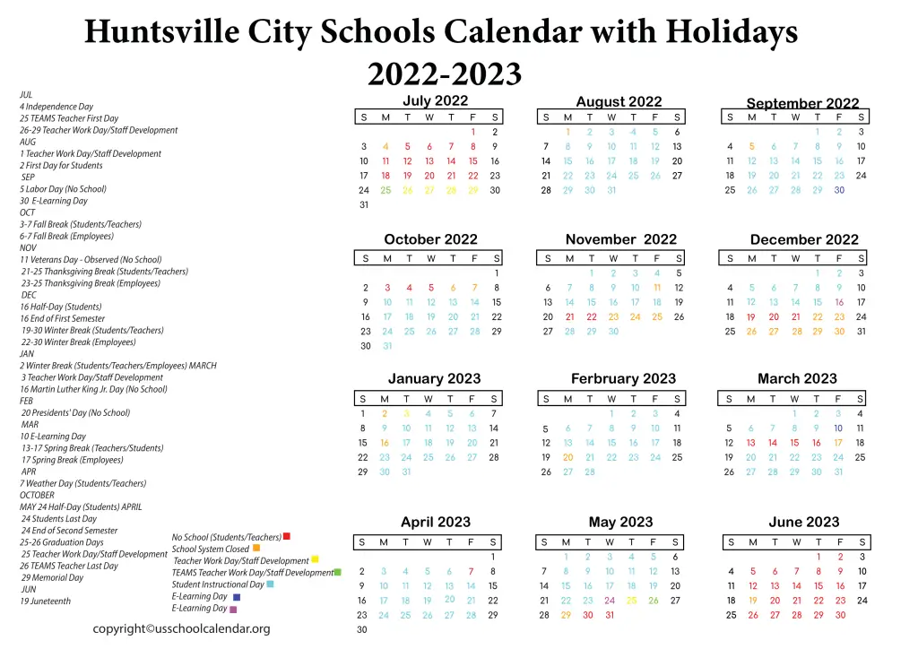 Huntsville City Schools Calendar with Holidays 2022-2023