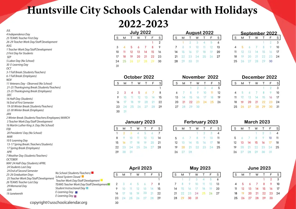 Huntsville City Schools Calendar with Holidays 2022-2023 2