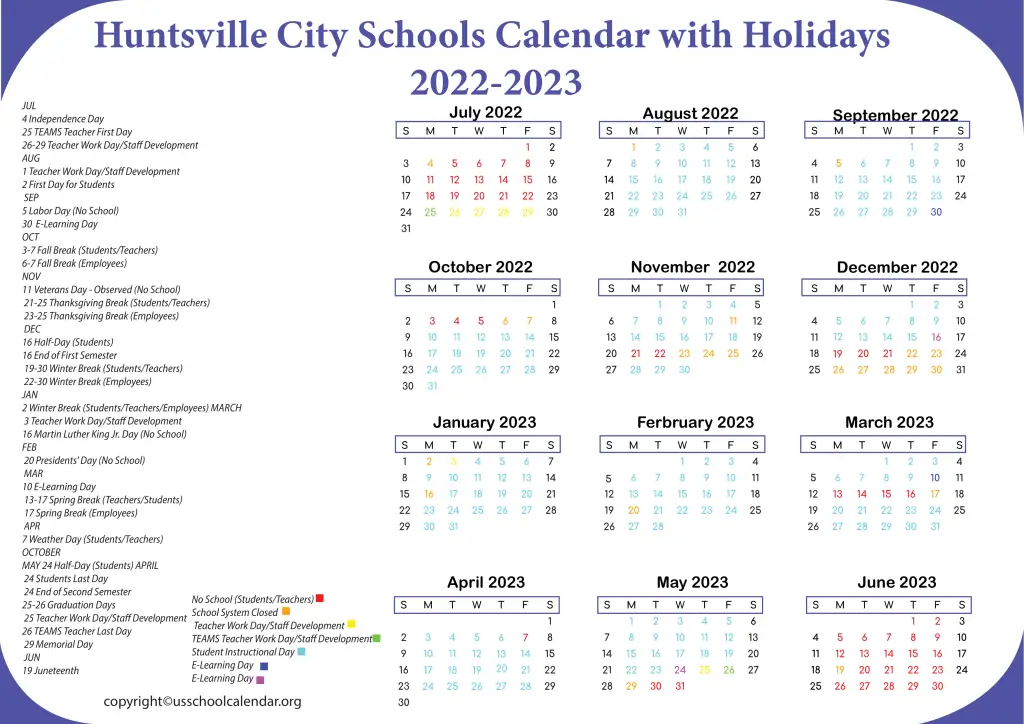 Huntsville City Schools Calendar with Holidays 2022-2023 3