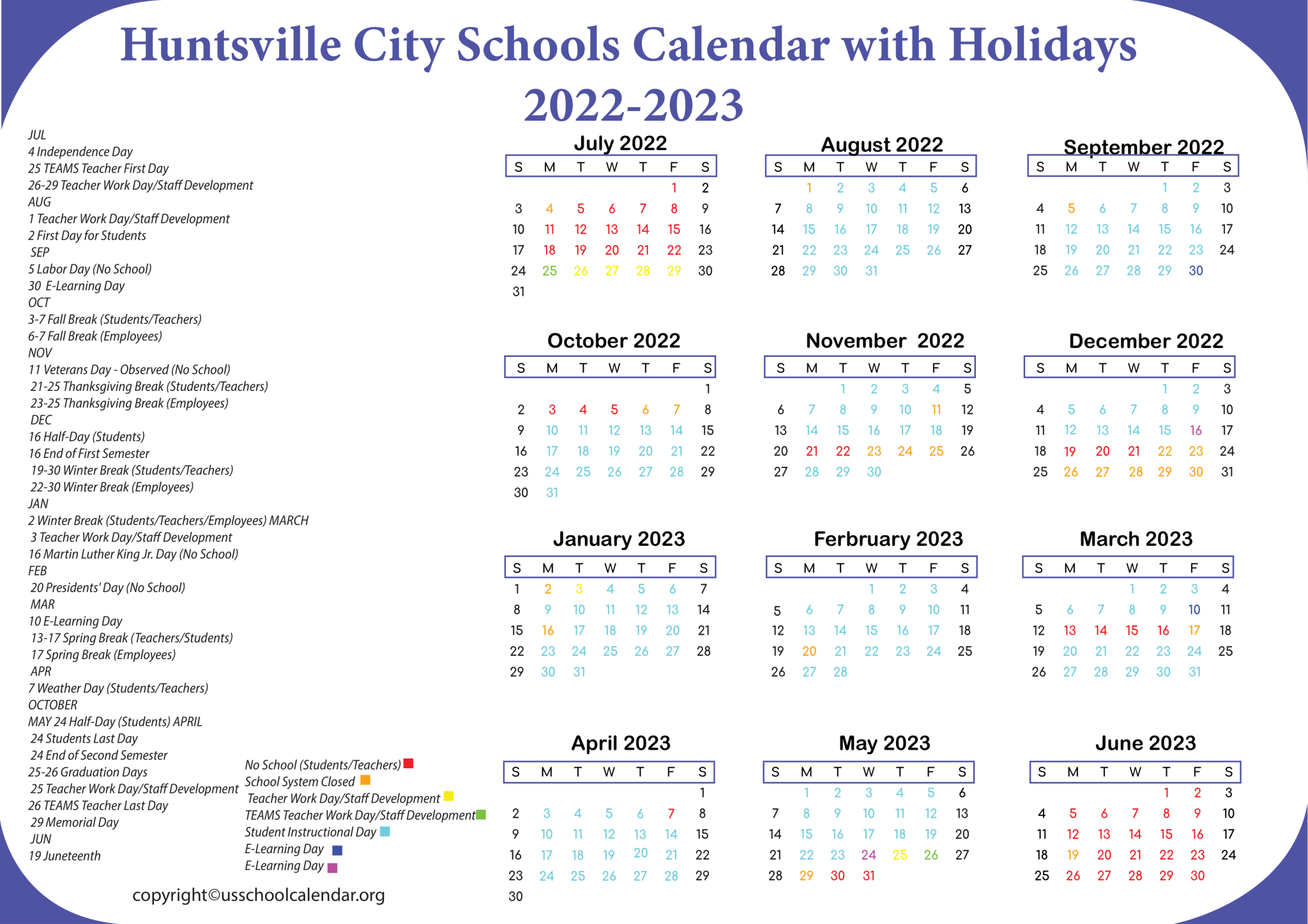 Huntsville City Schools Holiday Calendar US School Calendar