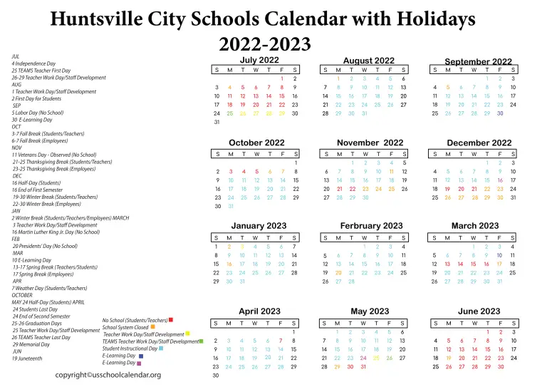 Huntsville City Schools Calendar with Holidays 20222023