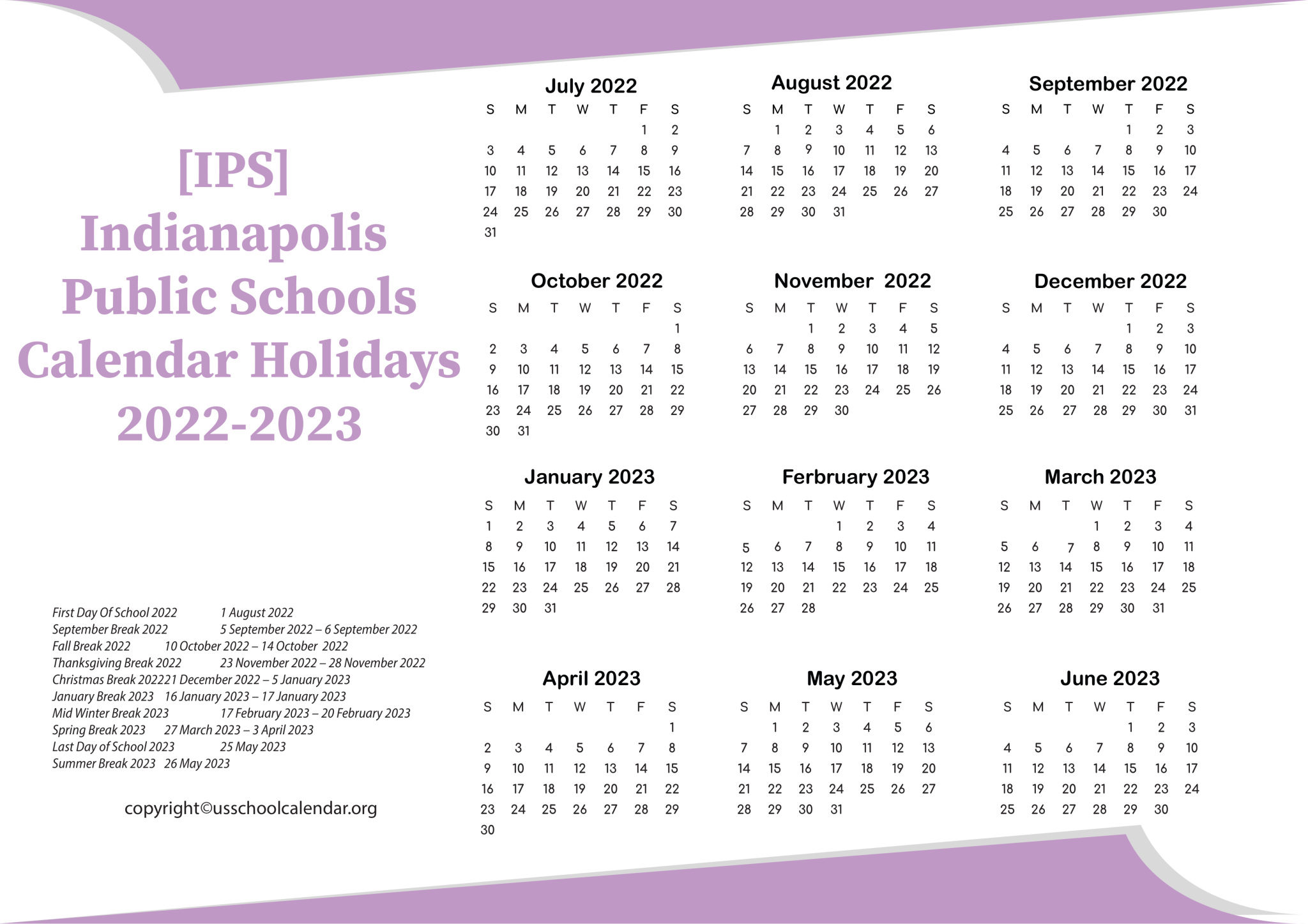 [IPS] Indianapolis Public Schools Calendar Holidays 20222023