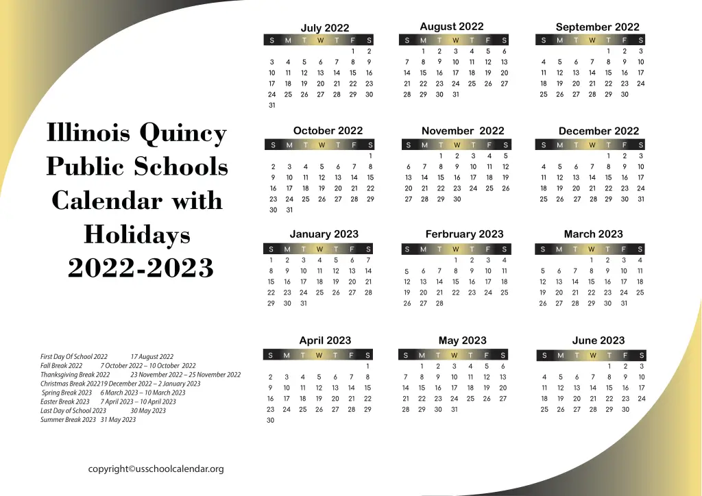 Illinois Quincy Public Schools Calendar with Holidays 2022-2023