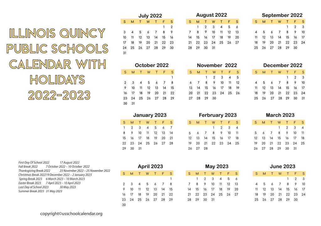Illinois Quincy Public Schools Calendar with Holidays 2022-2023 2