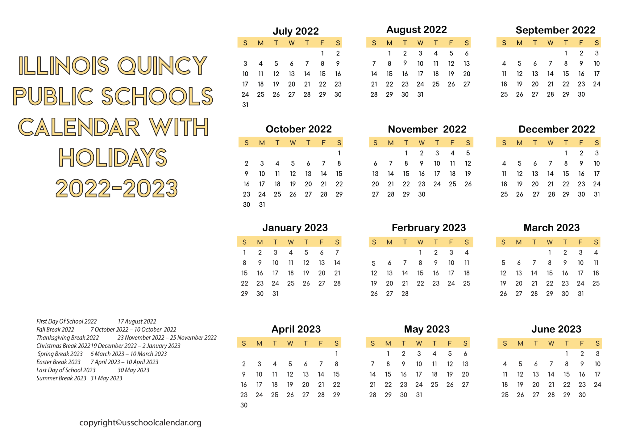 Illinois Quincy Public Schools Calendar with Holidays 20222023