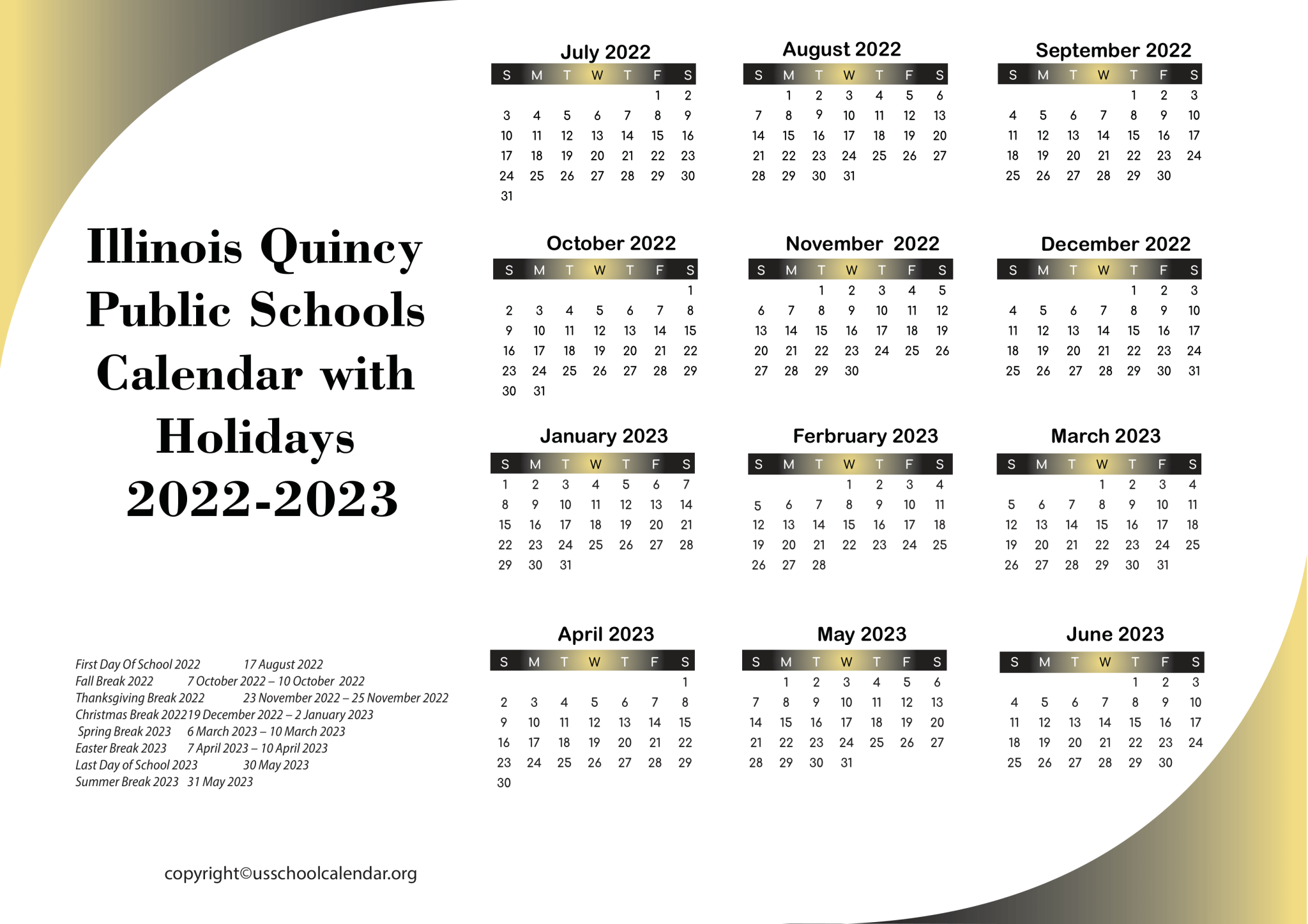 Illinois Quincy Public Schools Calendar With Holidays 2022 2023