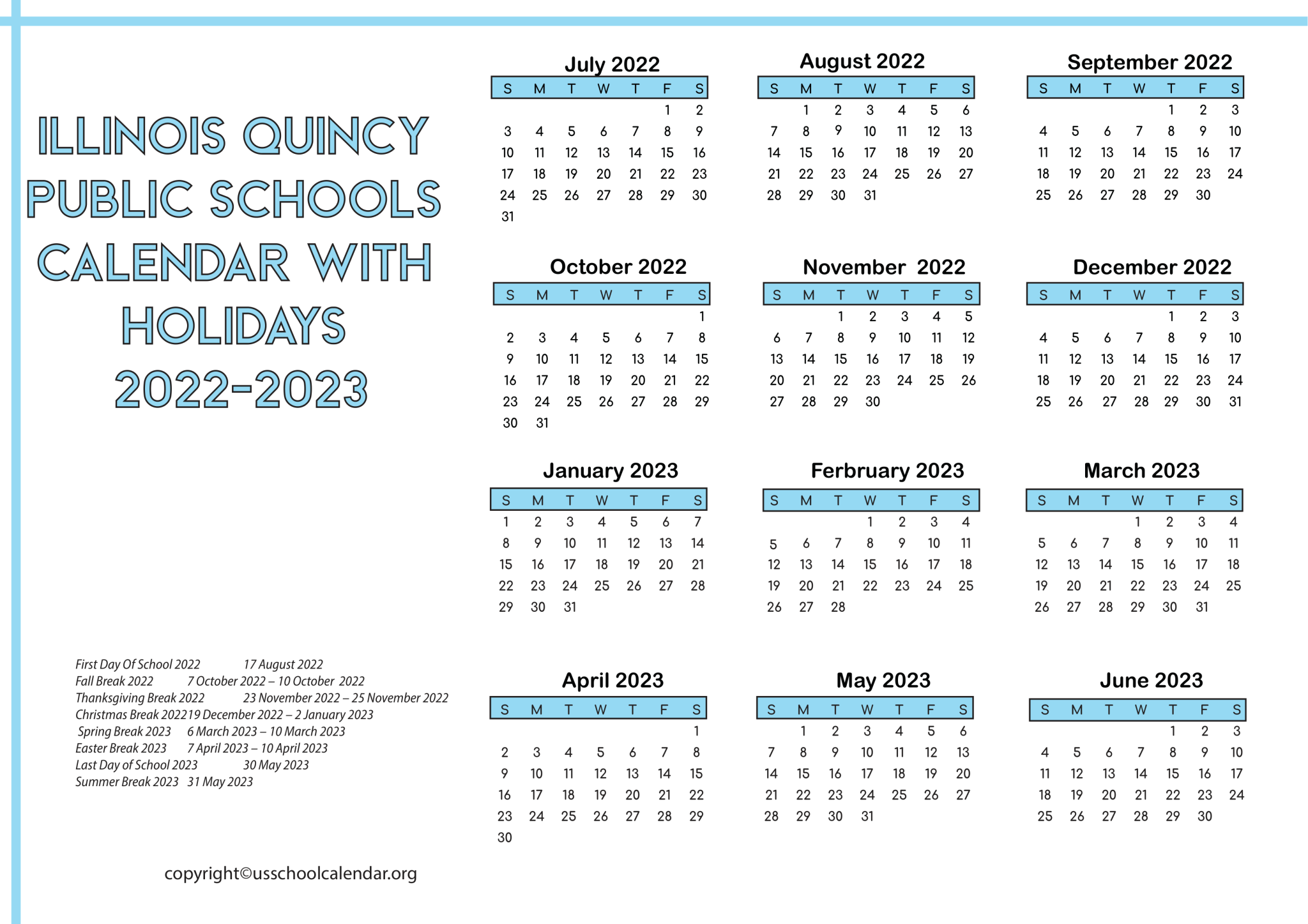 Illinois Quincy Public Schools Calendar with Holidays 20222023