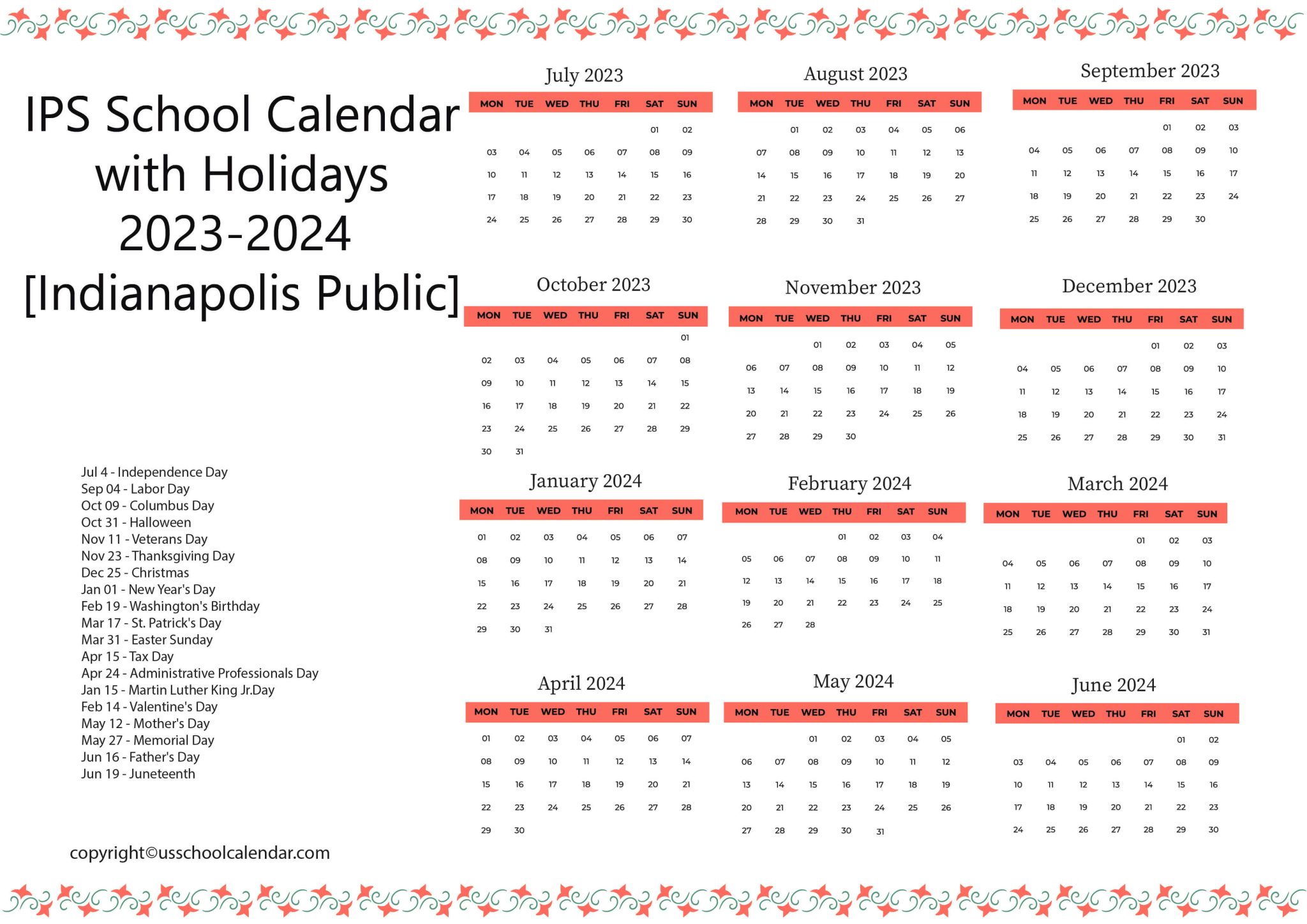 IPS School Calendar with Holidays 20232024 [Indianapolis Public]