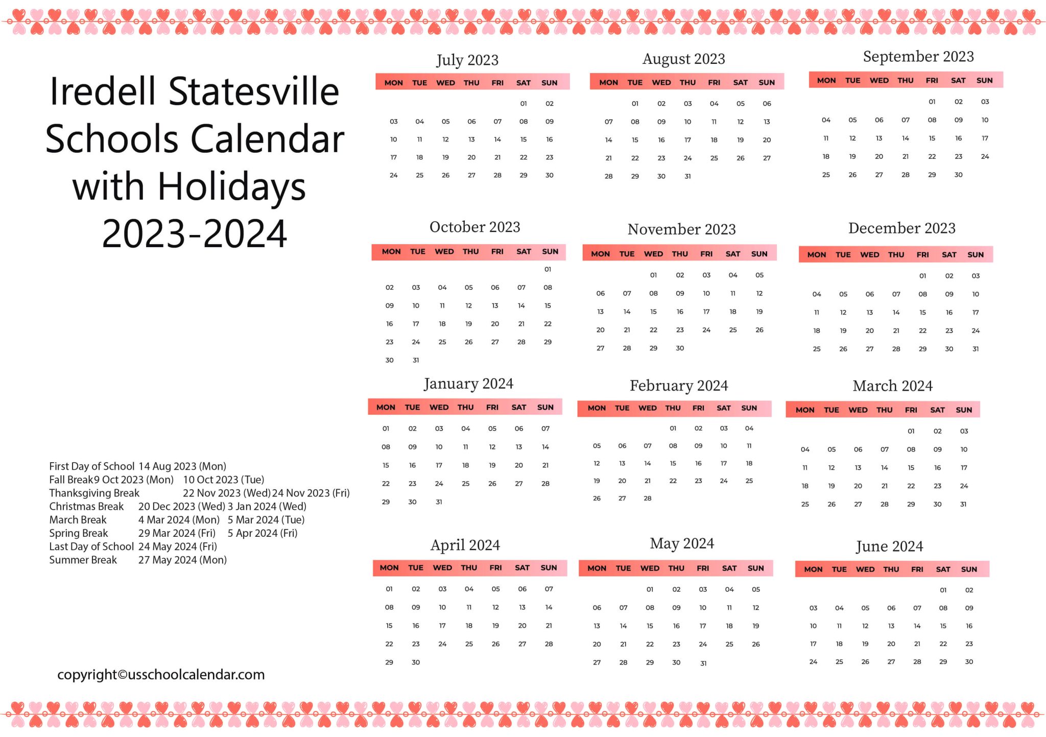 Iredell Statesville Schools Calendar with Holidays 20232024