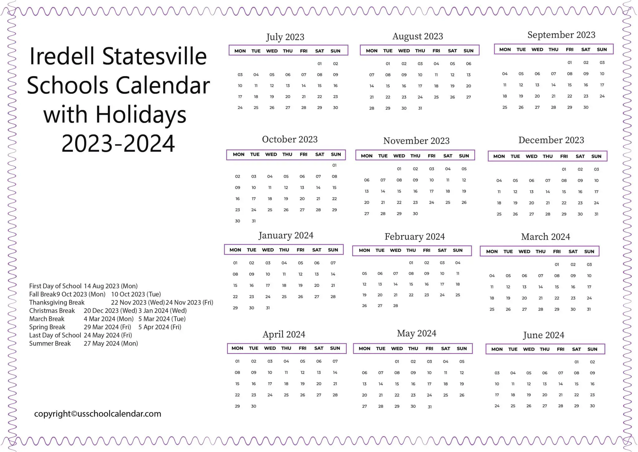 Iredell Statesville Schools Calendar with Holidays 20232024