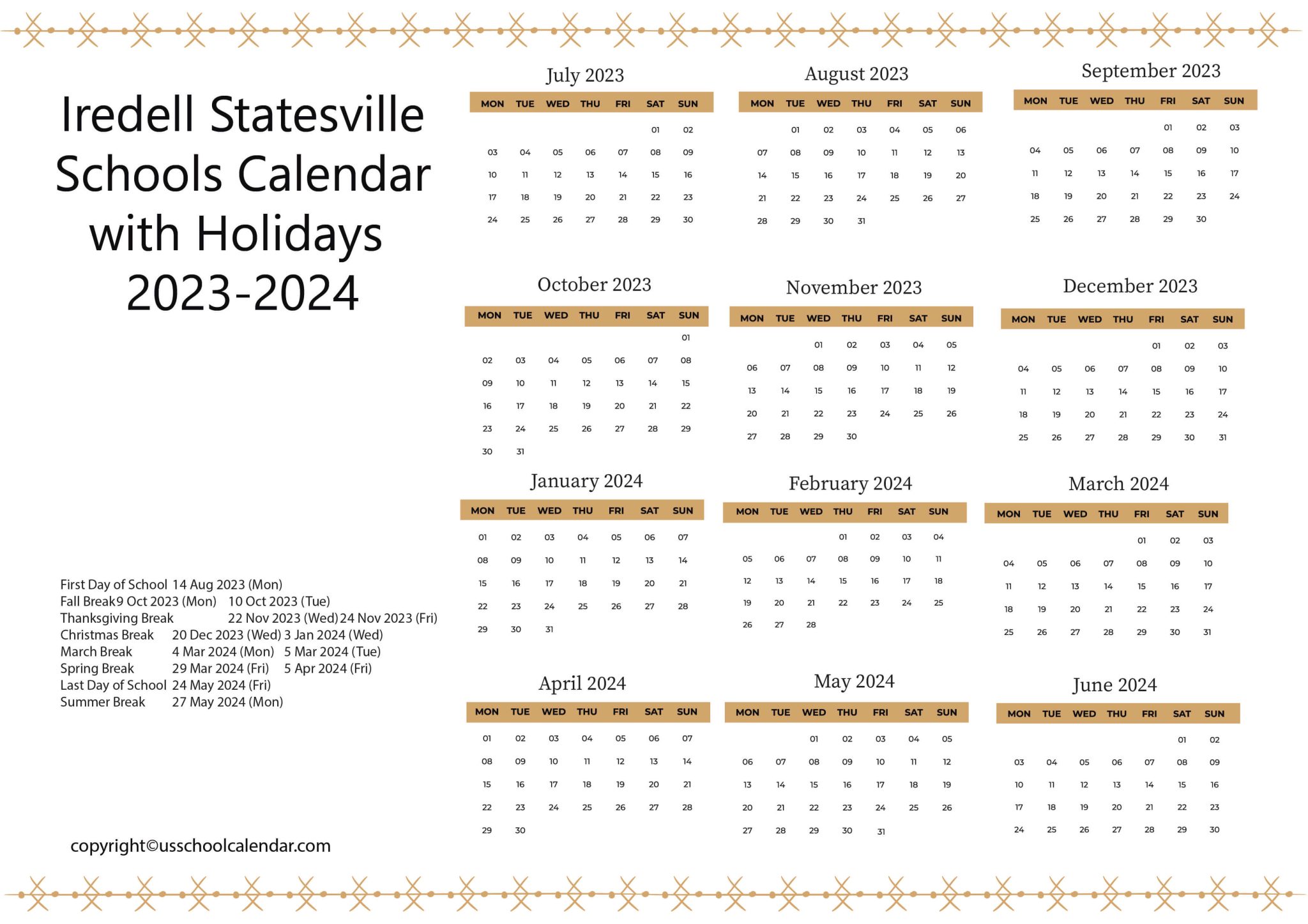 Iredell Statesville Schools Calendar with Holidays 2023 2024