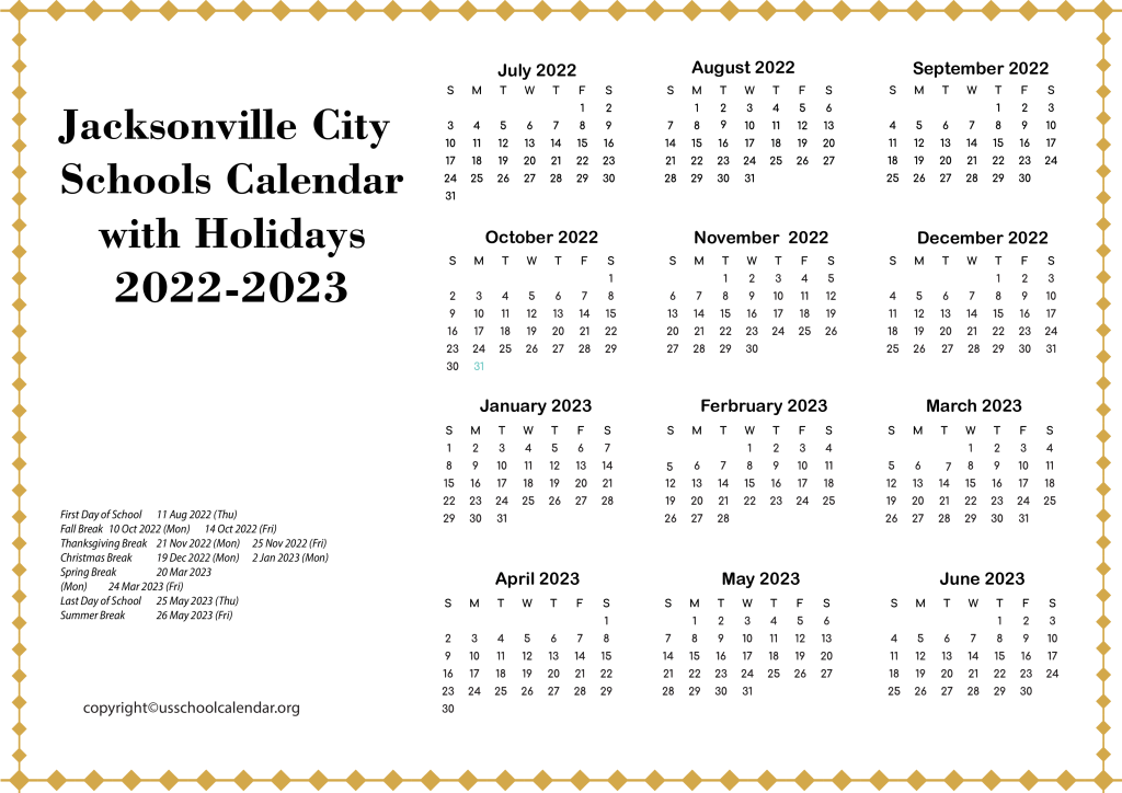 Jacksonville City Schools Calendar with Holidays 2022-2023
