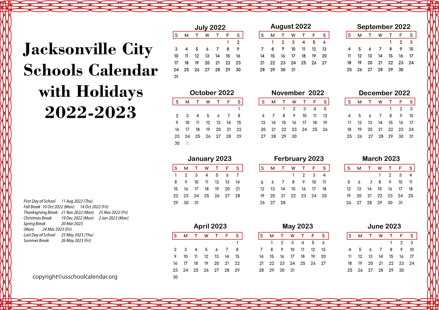 Jacksonville City Schools Calendar with Holidays 20222023