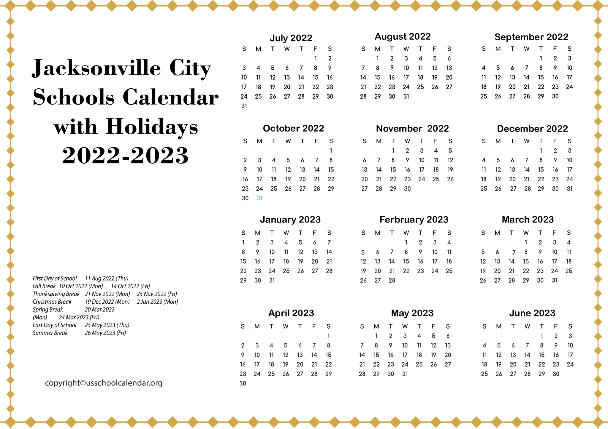 Jacksonville City Schools Calendar with Holidays 20222023