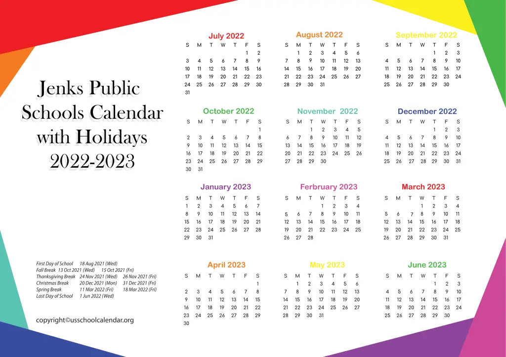 Jenks Public Schools Calendar with Holidays 2022-2023 2