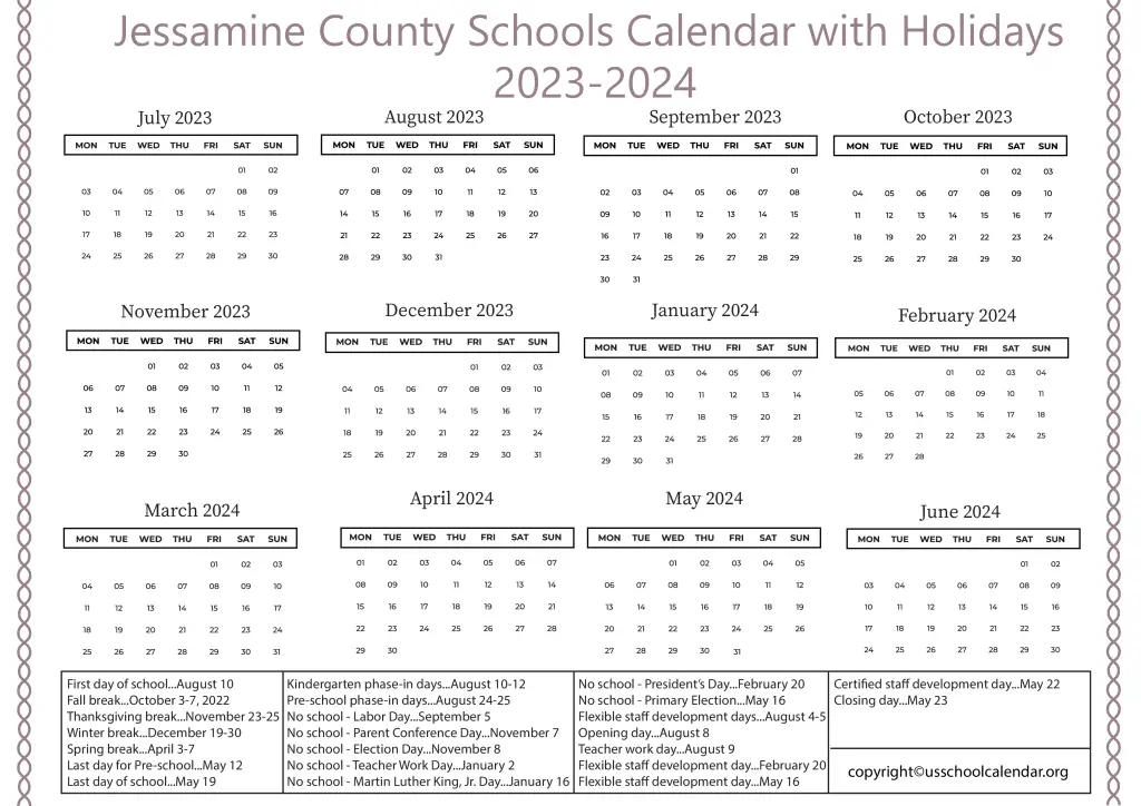Jessamine County Schools Calendar with Holidays 2023-2024