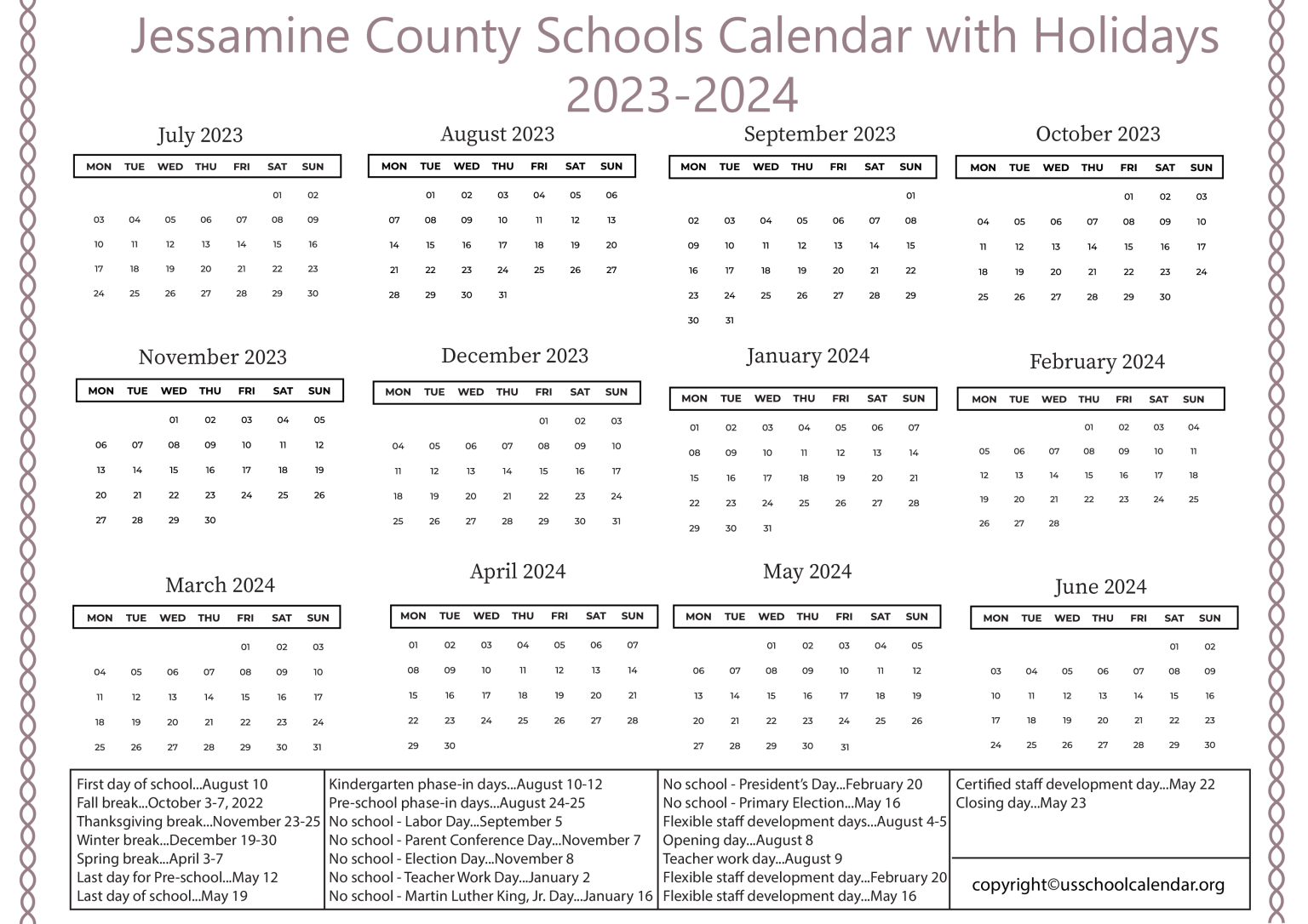 Jessamine County Schools Calendar with Holidays 20232024