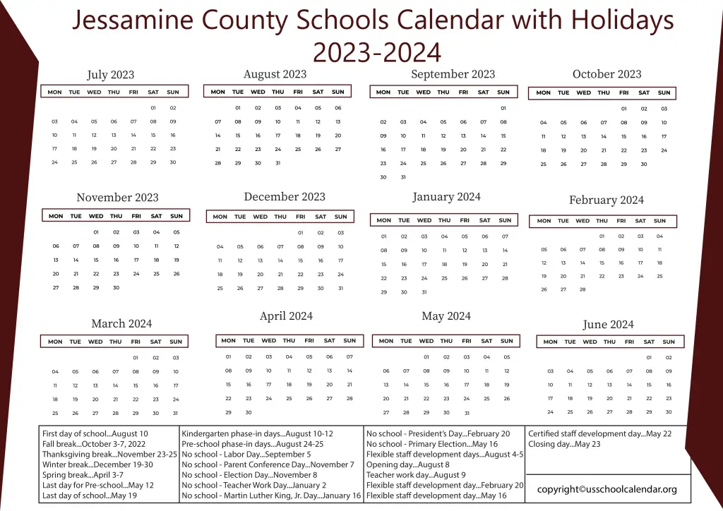 Jessamine County Schools Calendar with Holidays 2023-2024 2
