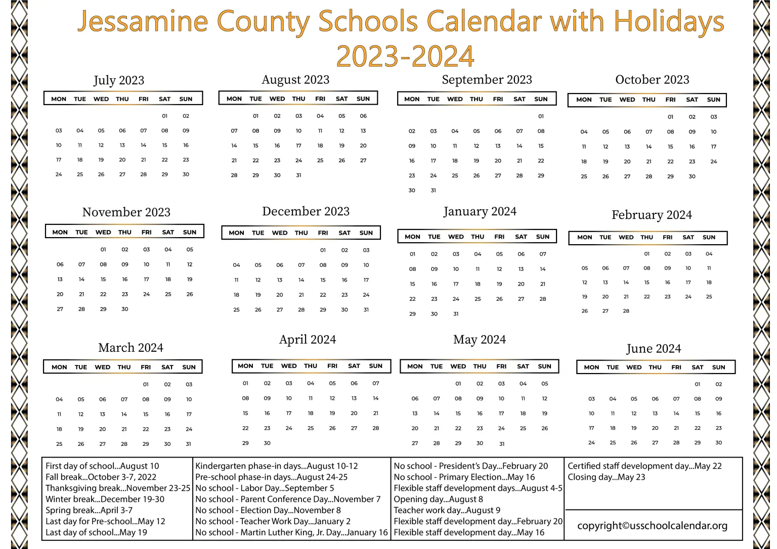 Jessamine County Schools Calendar with Holidays 20232024