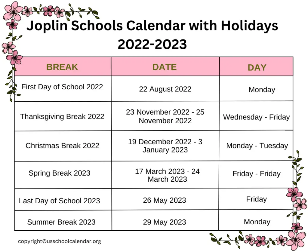 Joplin Schools Calendar with Holidays 2022-2023