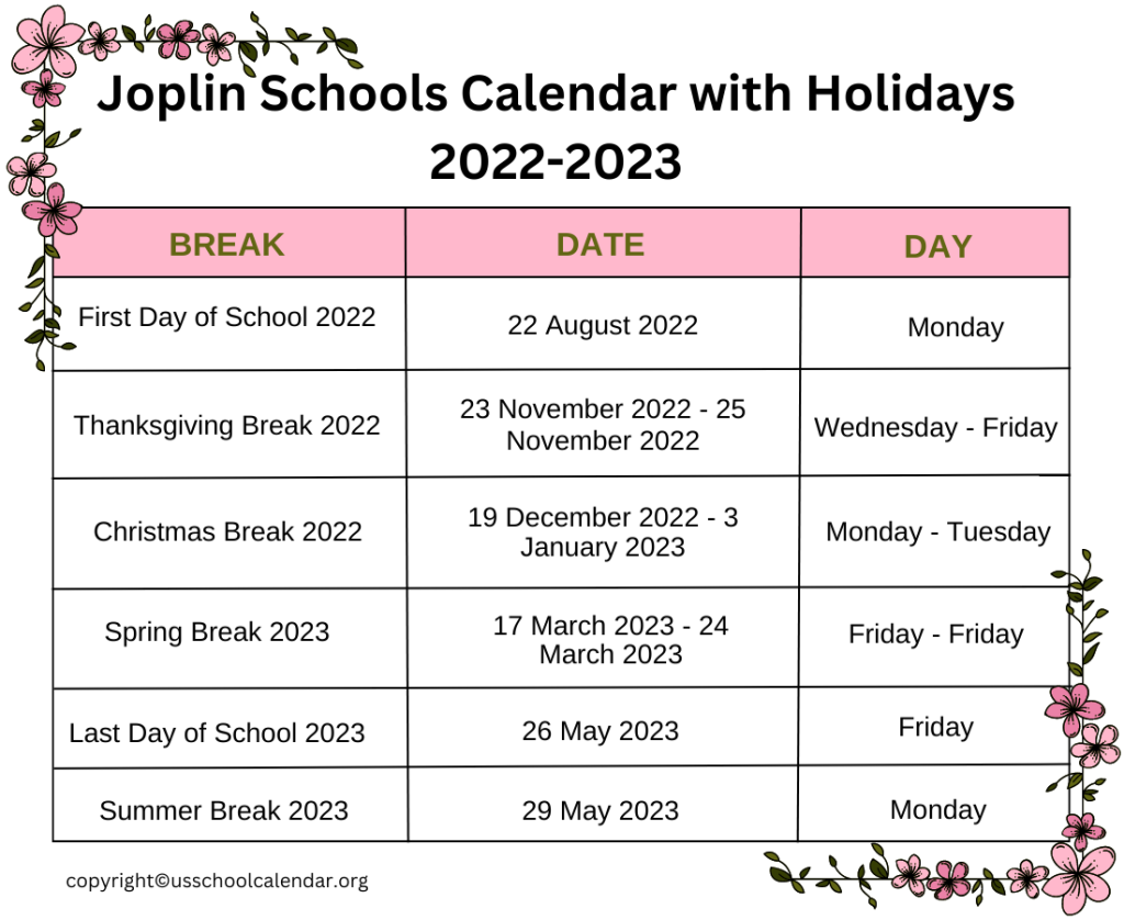 Joplin Schools Calendar With Holidays 2023 2024