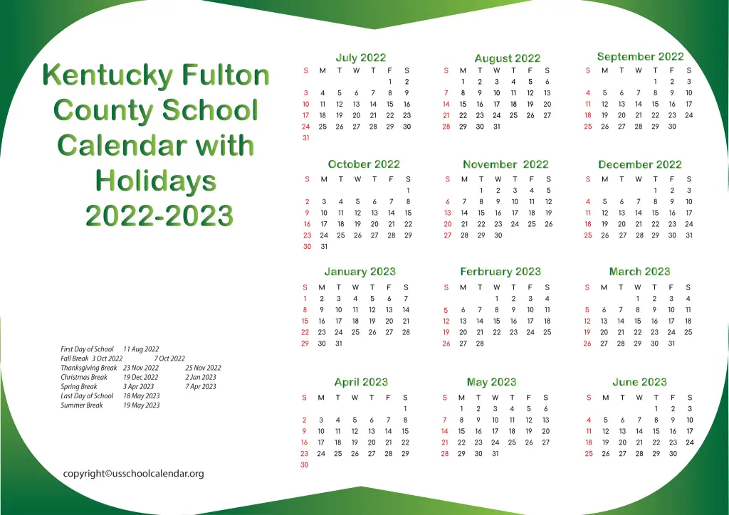 Kentucky Fulton County School Calendar with Holidays 2022-2023 2