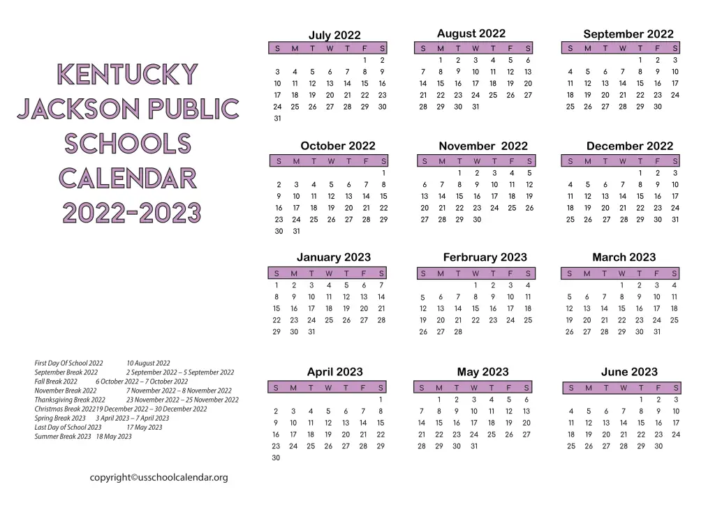 Kentucky Jackson Public Schools Calendar 2022-2023