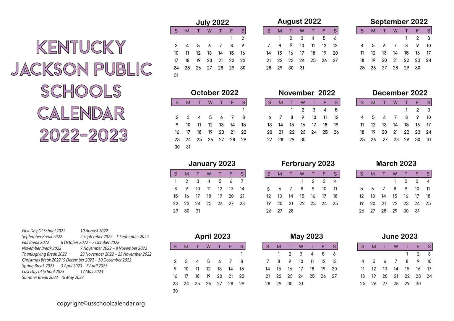 Kentucky Jackson Public Schools Calendar 20222023