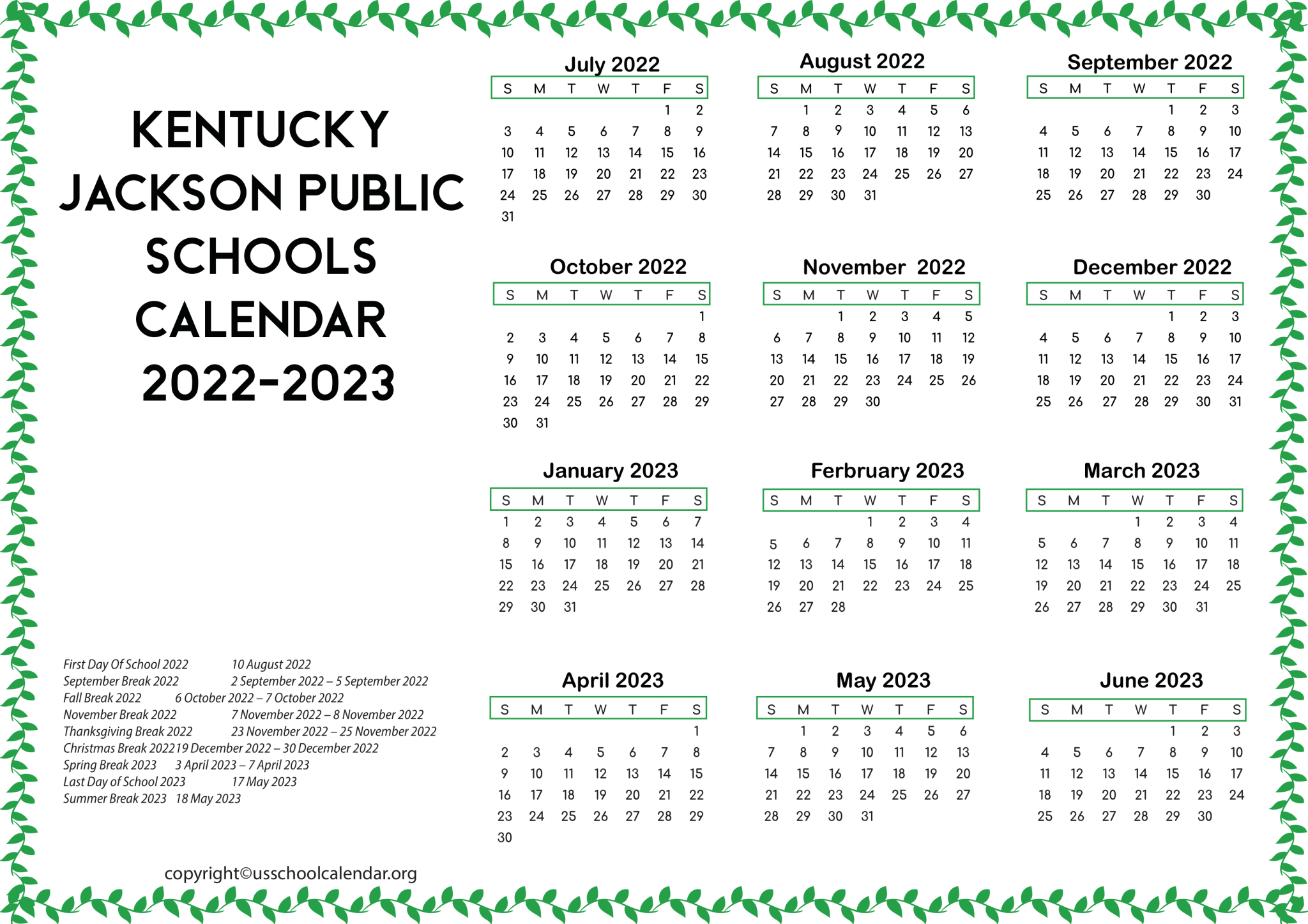 Kentucky Jackson Public Schools Calendar 20222023