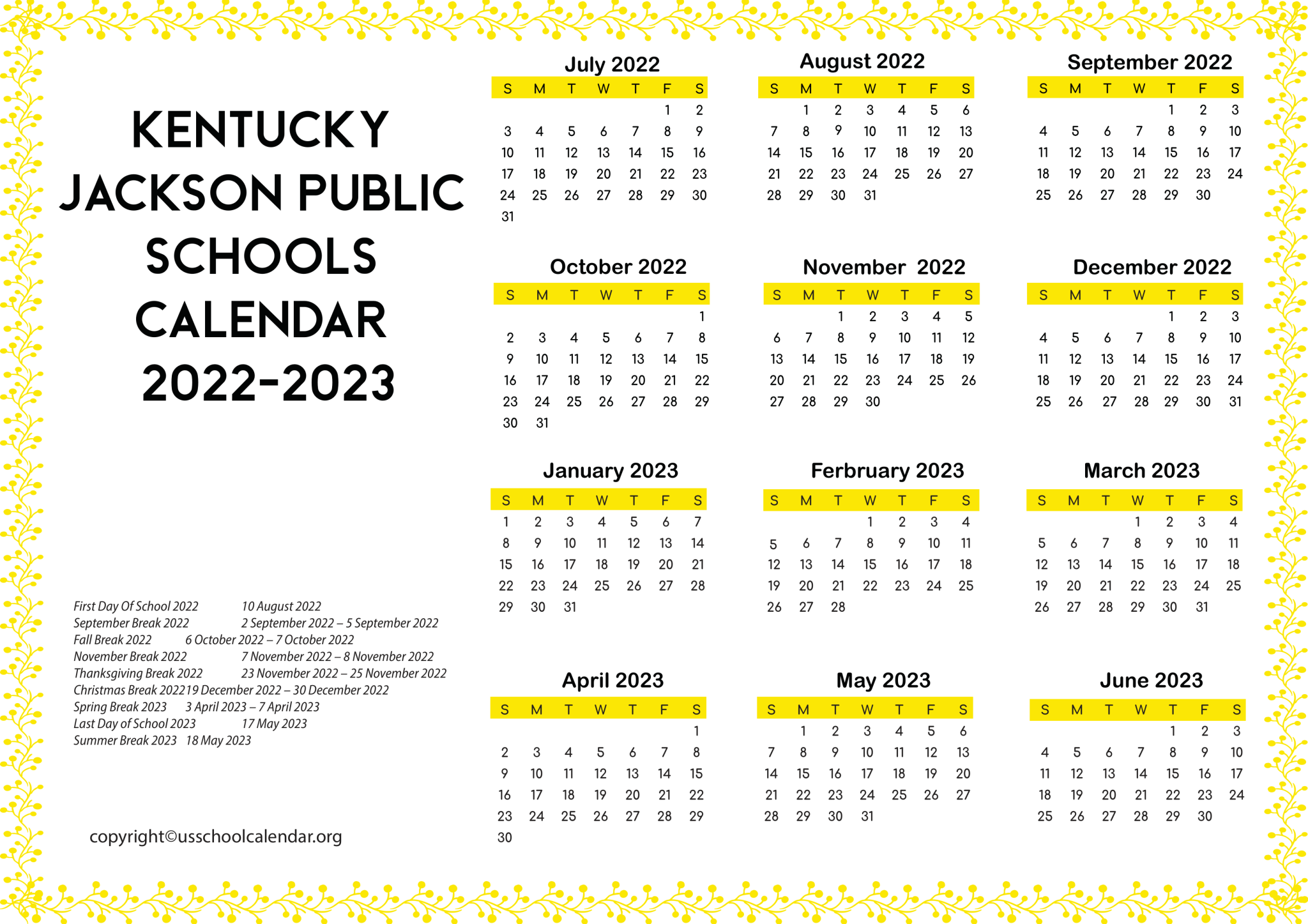 Kentucky Jackson Public Schools Calendar 20222023