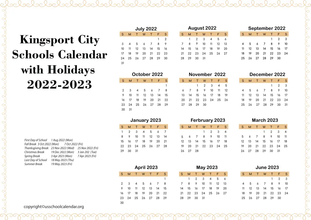 Kingsport City School Calendar with Holiday 2022-2023